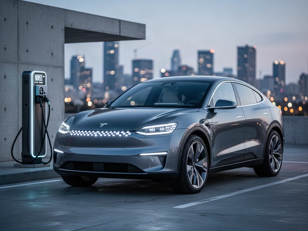 Nowoczesny elektryczny SUV Audi Q6 e-tron zaparkowany przy stacji ładowania na tle wieczornej panoramy miasta.