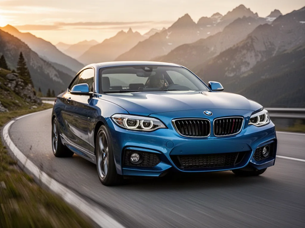 Niebieskie BMW 230i coupe jadące krętą górską drogą w świetle zachodzącego słońca.