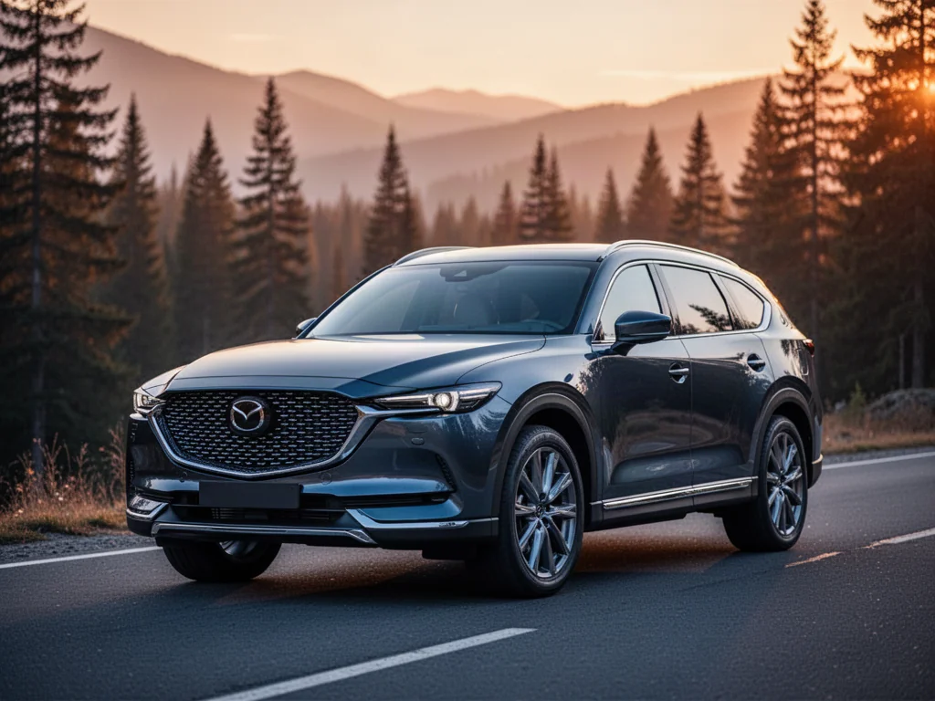 Nowoczesna Mazda CX-80 zaparkowana na górskiej drodze w świetle zachodzącego słońca, podkreślająca elegancki design SUV-a.