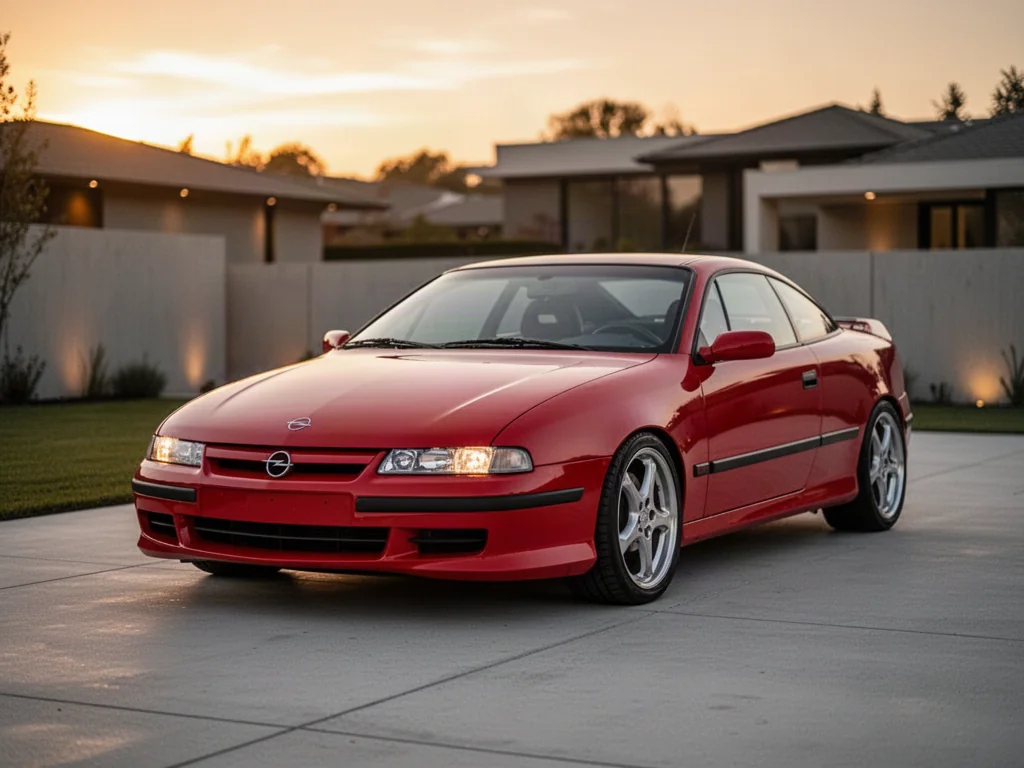 Czerwony Opel Calibra o aerodynamicznej sylwetce zaparkowany na nowoczesnym podjeździe w świetle zachodzącego słońca.