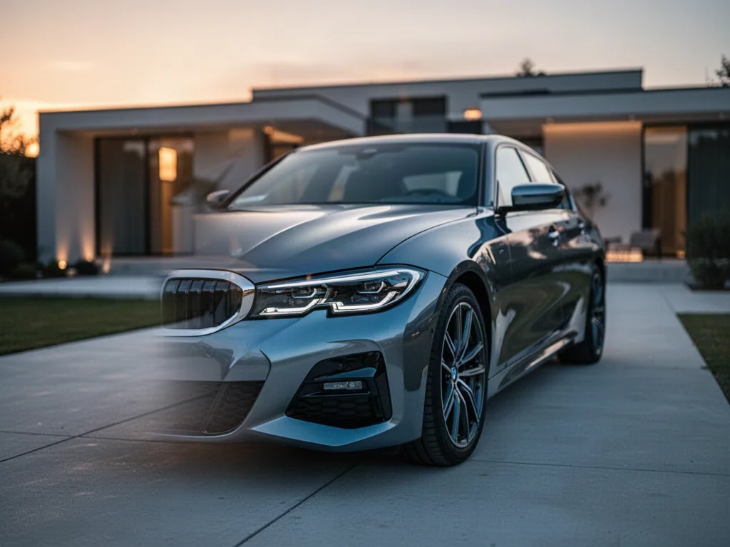 Nowoczesny sedan BMW G20 zaparkowany na podjeździe w świetle zachodzącego słońca, eksponujący detale przednich reflektorów.