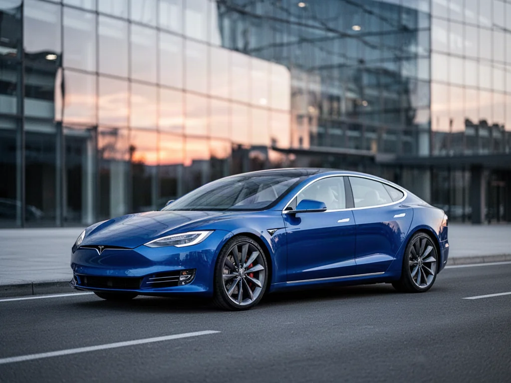 Niebieski sedan elektryczny Xiaomi SU7 zaparkowany na tle nowoczesnego budynku w świetle zachodzącego słońca.