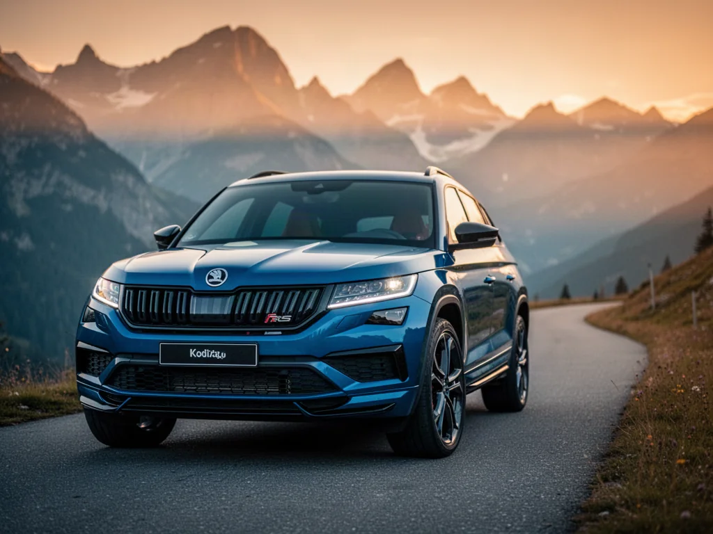 Skoda Kodiaq RS zaparkowana na górskiej drodze w świetle zachodzącego słońca, podkreślająca sportowy charakter modelu.