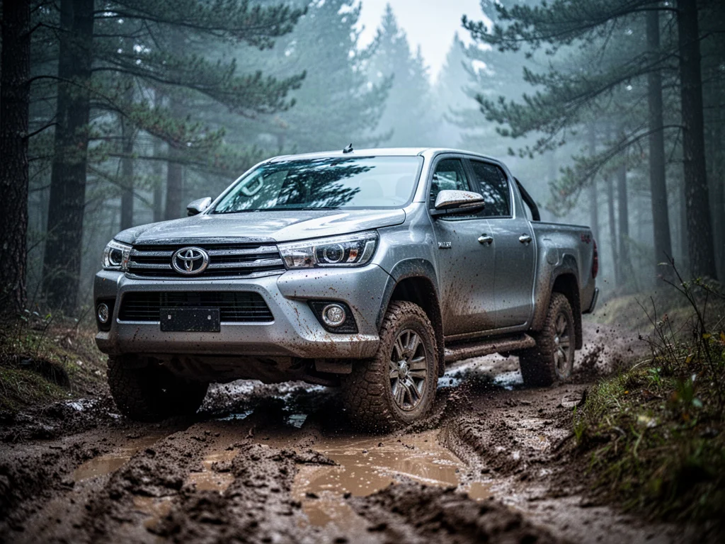 Srebrna Toyota Hilux jadąca przez błotnisty, leśny szlak w trudnych warunkach terenowych.
