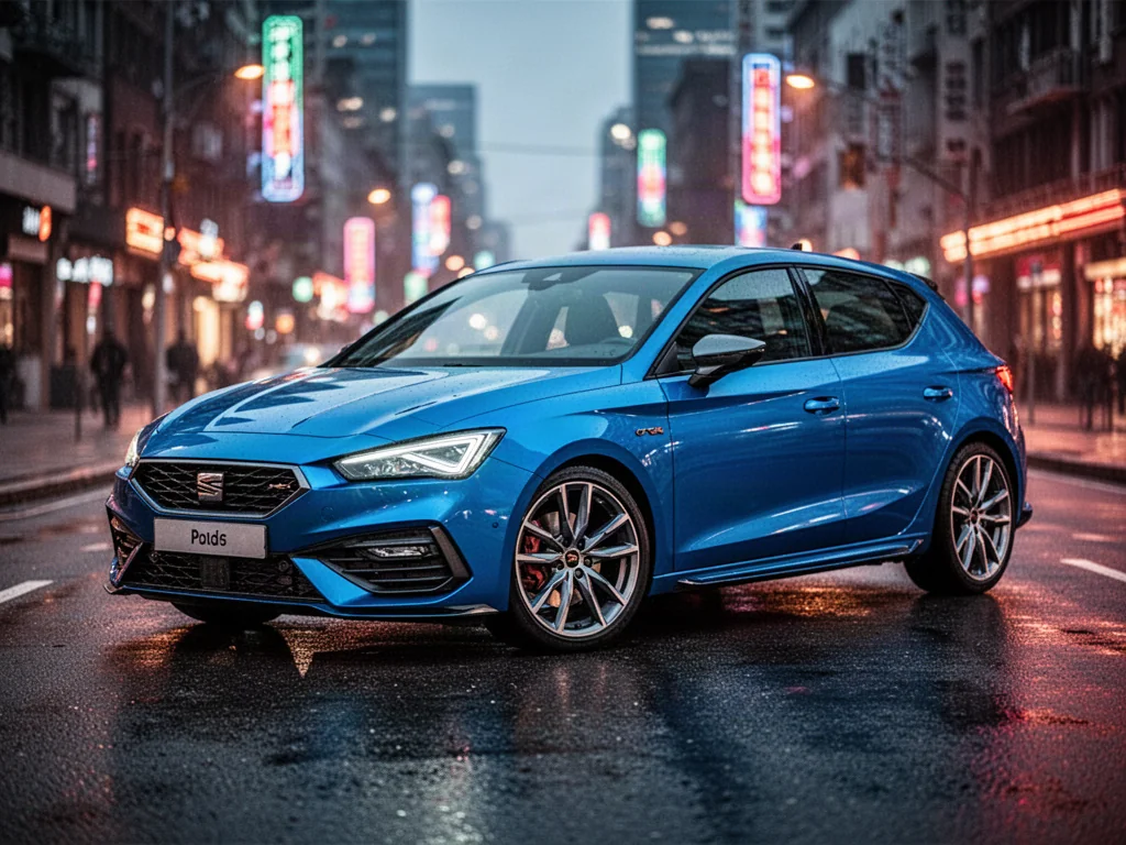 Niebieski Ford Focus ST zaparkowany na mokrym asfalcie w wieczornej scenerii miasta. Sportowy hatchback w pełnej okazałości.