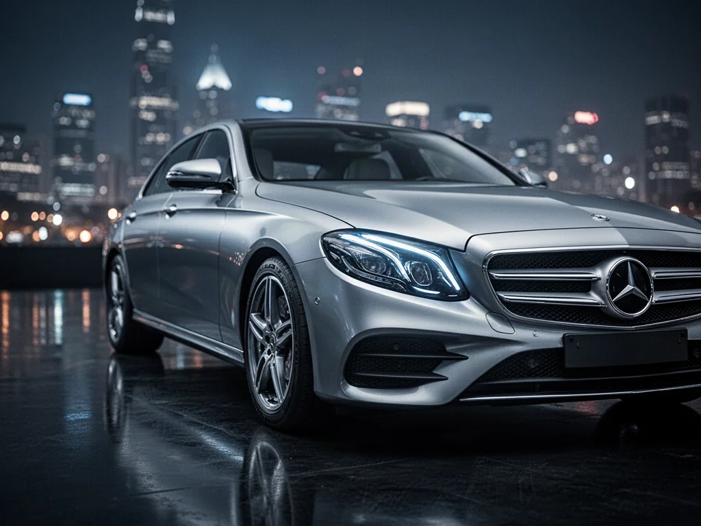 Srebrny Mercedes klasy E W213 w profesjonalnym studiu, eksponujący nowoczesny design przednich reflektorów LED.
