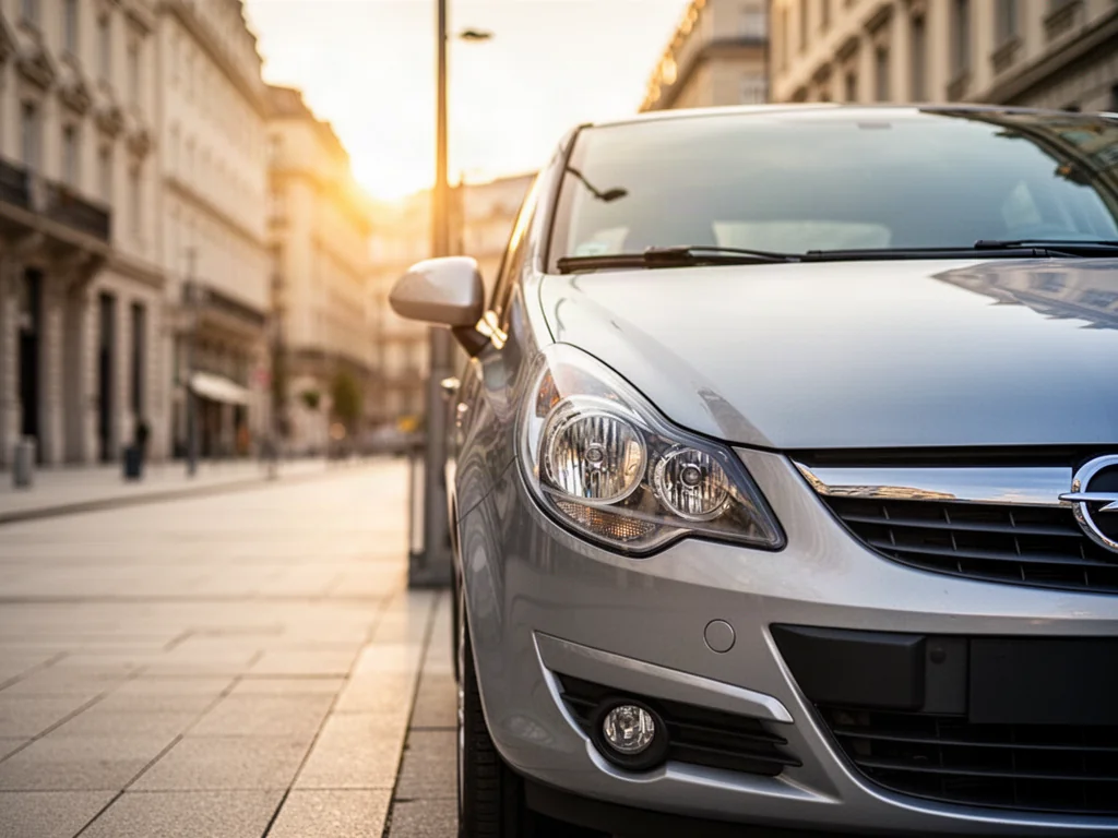 Srebrny Opel Corsa D zaparkowany na nowoczesnej ulicy w świetle zachodzącego słońca.