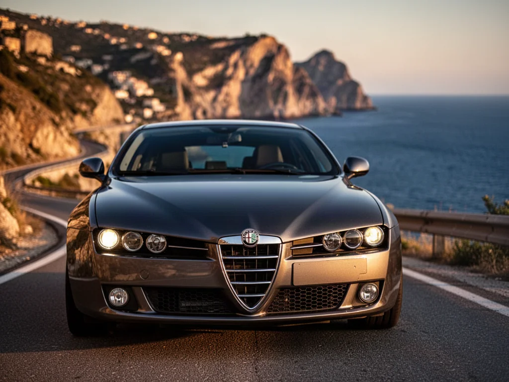 Alfa Romeo 159 zaparkowana na krętej włoskiej drodze nad morzem w świetle zachodzącego słońca.