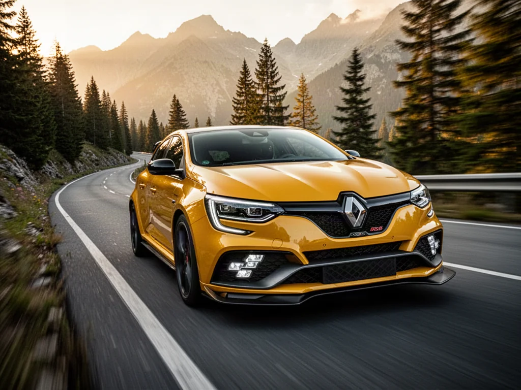 Żółte Renault Megane RS pędzące po krętej górskiej drodze w blasku zachodzącego słońca.