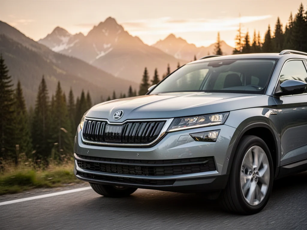 Srebrny SUV marki Skoda zaparkowany na malowniczej górskiej drodze w świetle zachodzącego słońca.