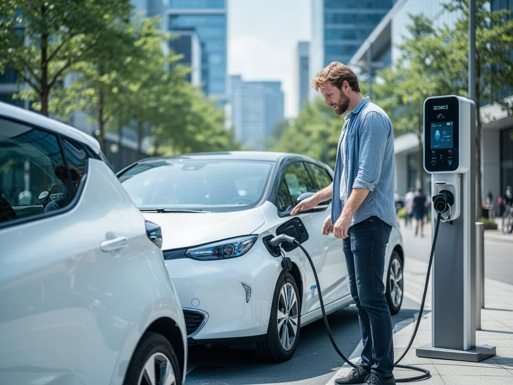 Mężczyzna podłącza biały samochód elektryczny Renault Zoe do nowoczesnej stacji ładowania w miejskim otoczeniu.