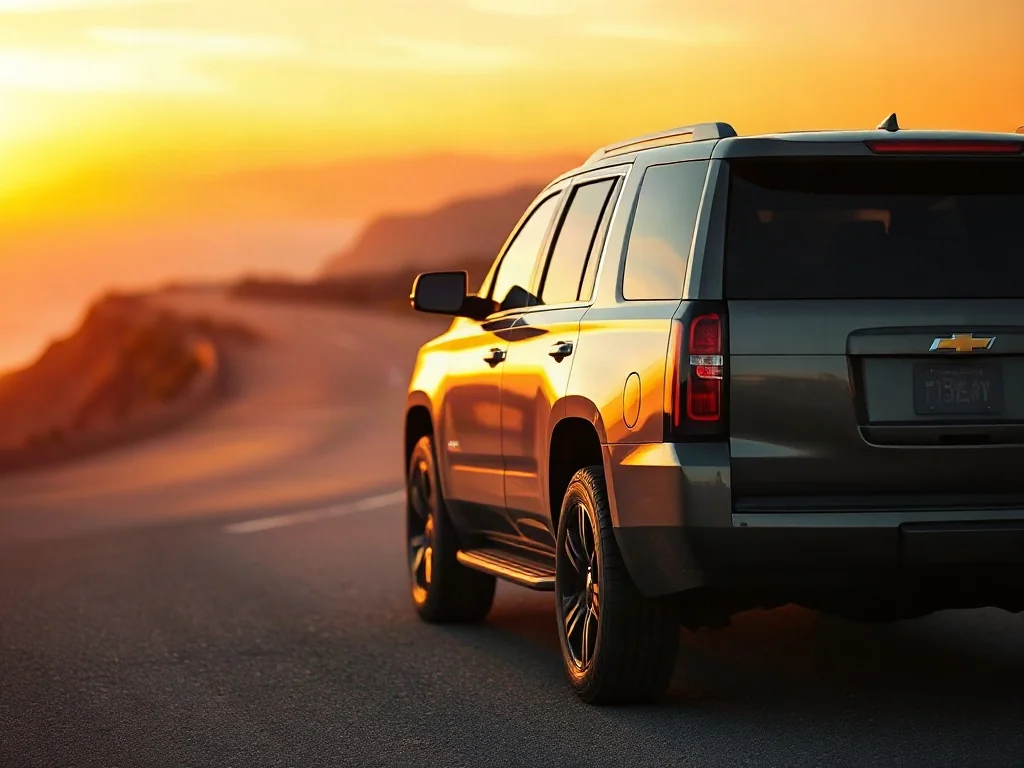 Nowoczesny Chevrolet Tahoe zaparkowany na malowniczej nadmorskiej drodze podczas zachodu słońca.