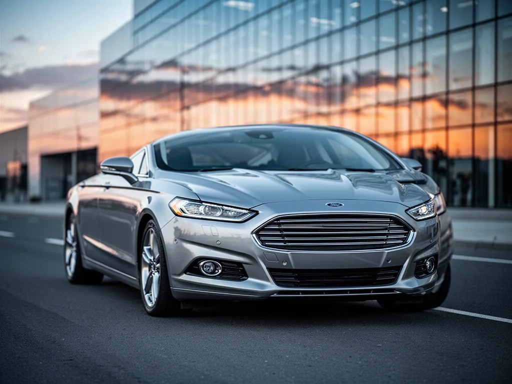 Srebrny Ford Mondeo sedan zaparkowany na tle nowoczesnego budynku w świetle zachodzącego słońca.