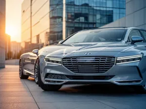 Nowoczesna Mazda CX-80 zaparkowana na górskiej drodze w świetle zachodzącego słońca, podkreślająca elegancki design SUV-a.