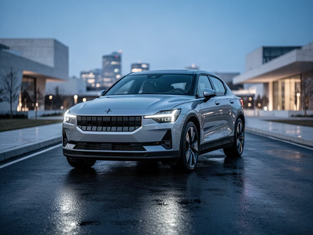 Nowoczesny elektryczny Polestar 2 zaparkowany na mokrym asfalcie o zmierzchu, z wyeksponowanymi charakterystycznymi reflektorami LED.