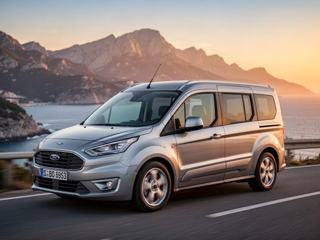 Srebrny Ford Grand Tourneo Connect zaparkowany na malowniczej nadmorskiej drodze podczas zachodu słońca.