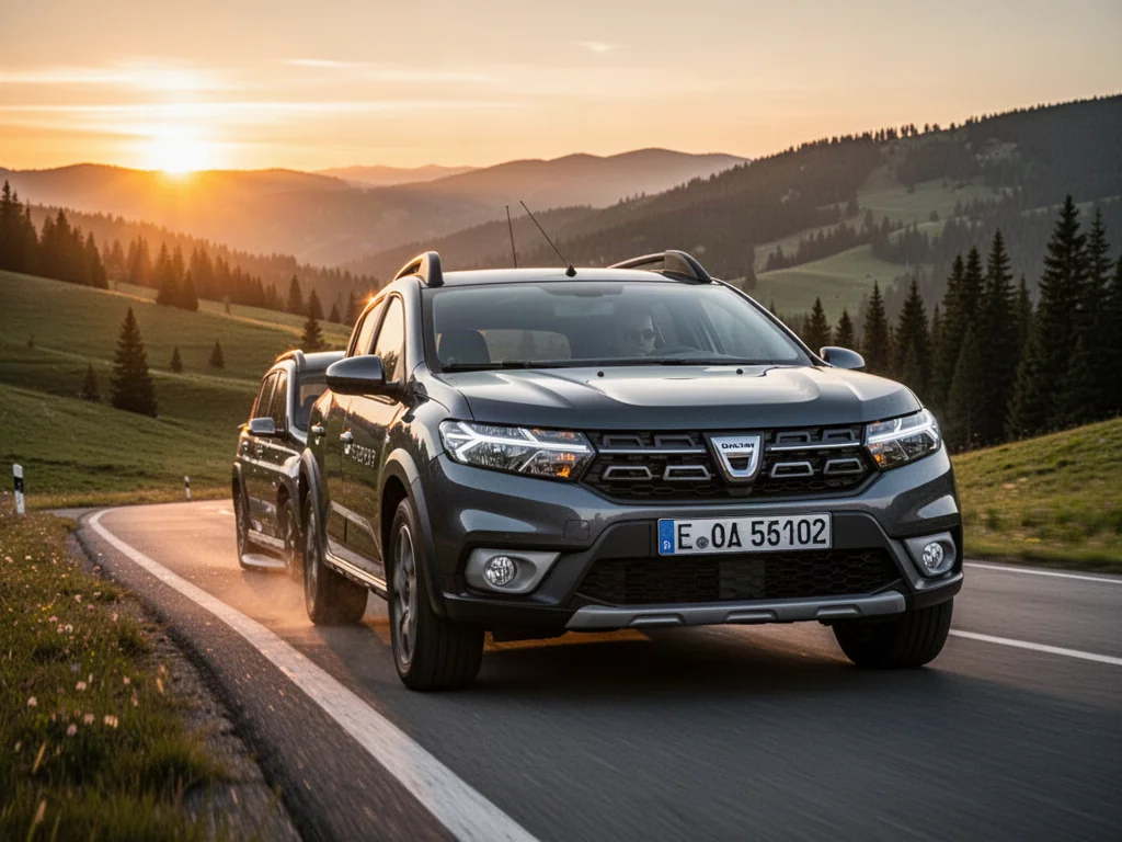 Dacia Sandero Stepway jadąca górską drogą w świetle zachodzącego słońca, podkreślająca dynamiczny design modelu.