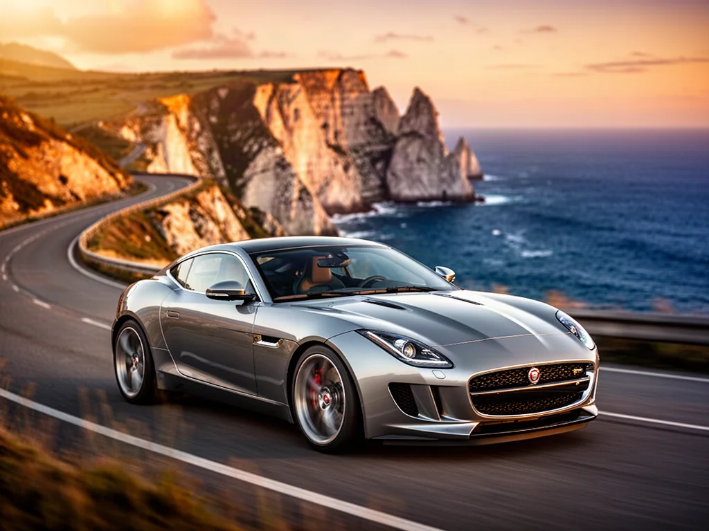 Srebrny Jaguar F-Type zaparkowany na malowniczej, nadmorskiej drodze podczas zachodu słońca.